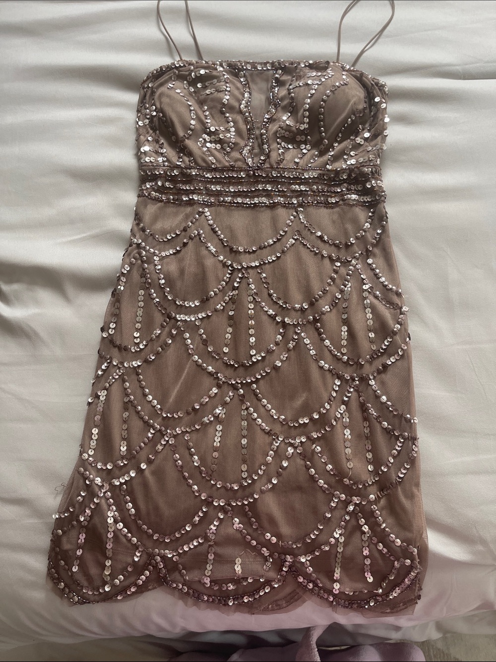 Sequined Taupe Spaghetti-Strap Dress